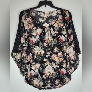 LAST CALL!! Ember Boho Black Floral Sheer Lace Embroidered Sleeve Tunic Top, XL
